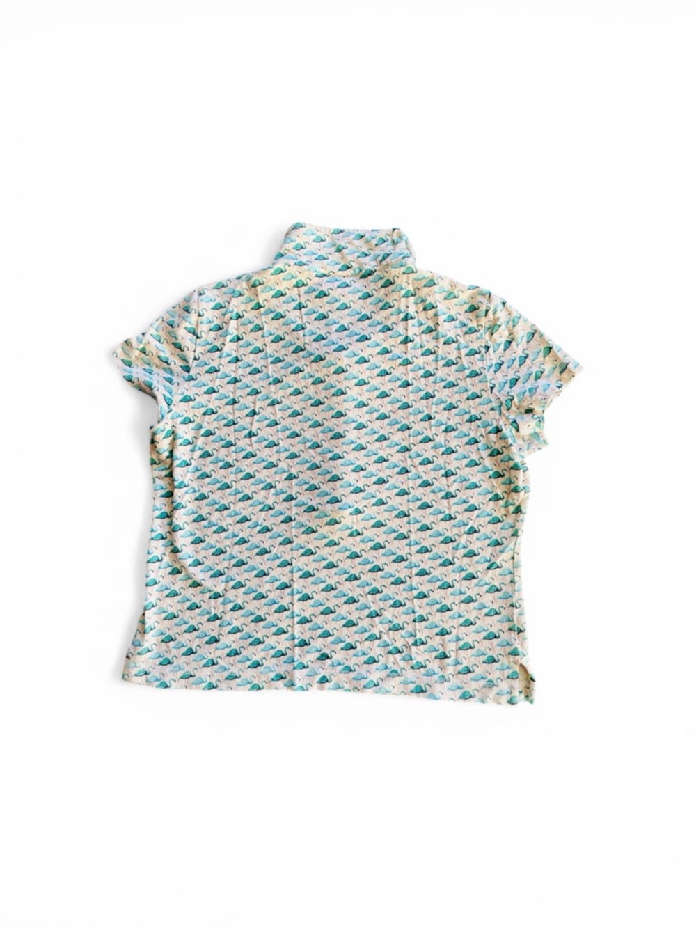 Sz L Tory Burch Cropped Cream Golf Polo with Teal Flamingo Print - Picture 2 of 9